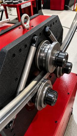 Detalle de una máquina curvadora de perfiles con rodillos metálicos guiando un tubo rectangular durante el proceso de curvado.